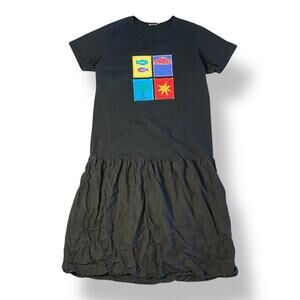 Johnny Was Vintage 90s Black Cotton Linen Fish Beach‎ T-Shirt Dress Size L Boho